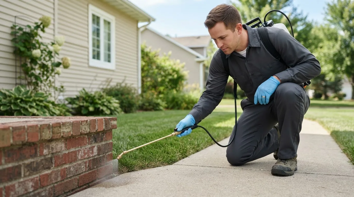Pest control technician treating a home near Mansfield, TX